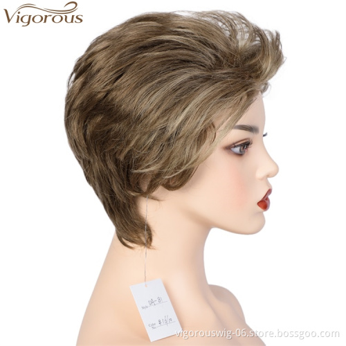 Vigorous High Temperature Top Quality Short Synthetic Grey Mixed Brown Pixie Cut Hairstyles Layered Fluffy Wigs